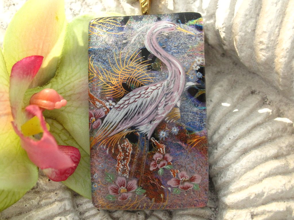 Exotic Egret Bird Fused Dichroic Glass Pendant Necklace Exotic Egret Bird Fused Dichroic Glass Pendant Necklace