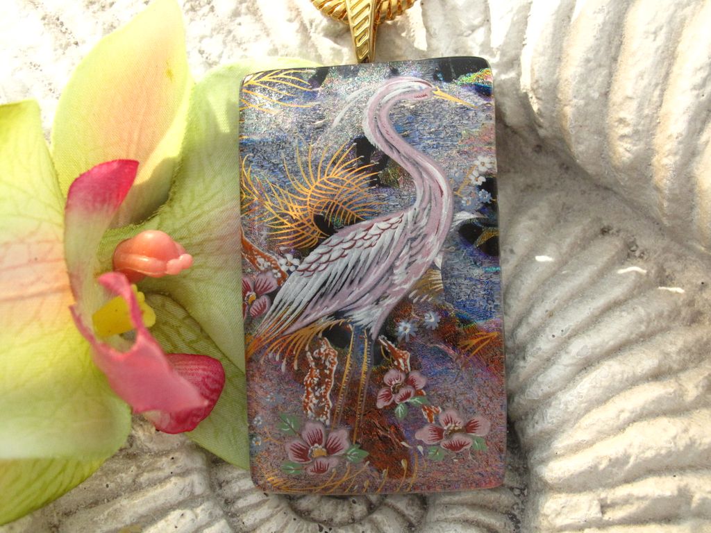 Exotic Egret Bird Fused Dichroic Glass Pendant Necklace Exotic Egret Bird Fused Dichroic Glass Pendant Necklace
