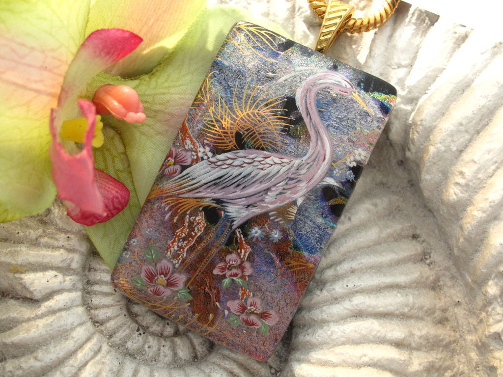Exotic Egret Bird Fused Dichroic Glass Pendant Necklace Exotic Egret Bird Fused Dichroic Glass Pendant Necklace