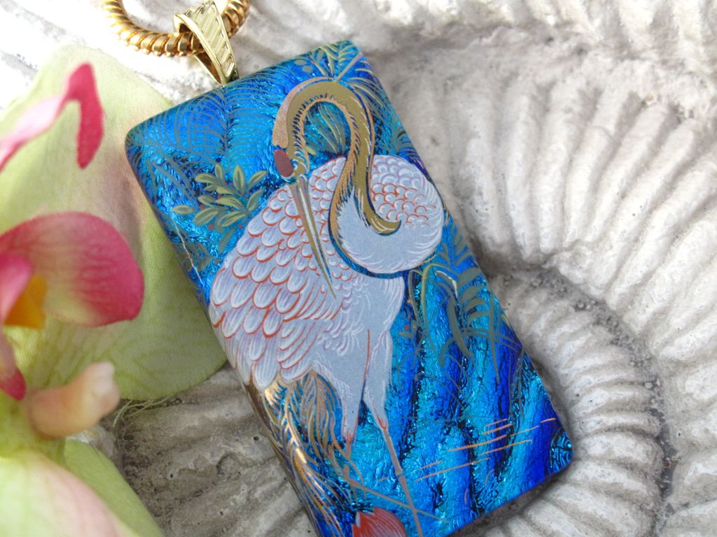 Crane Exotic Bird Dichroic Glass Necklace Jewelry Dichroic Glass Jewelry Fused glass Jewelry Crane Exotic Bird Dichroic Glass Necklace Jewelry Dichroic Glass Jewelry Fused glass Jewelry