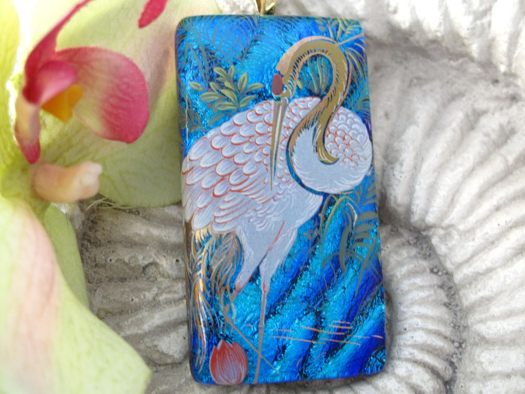 Crane Exotic Bird Dichroic Glass Necklace Jewelry Dichroic Glass Jewelry Fused glass Jewelry Crane Exotic Bird Dichroic Glass Necklace Jewelry Dichroic Glass Jewelry Fused glass Jewelry