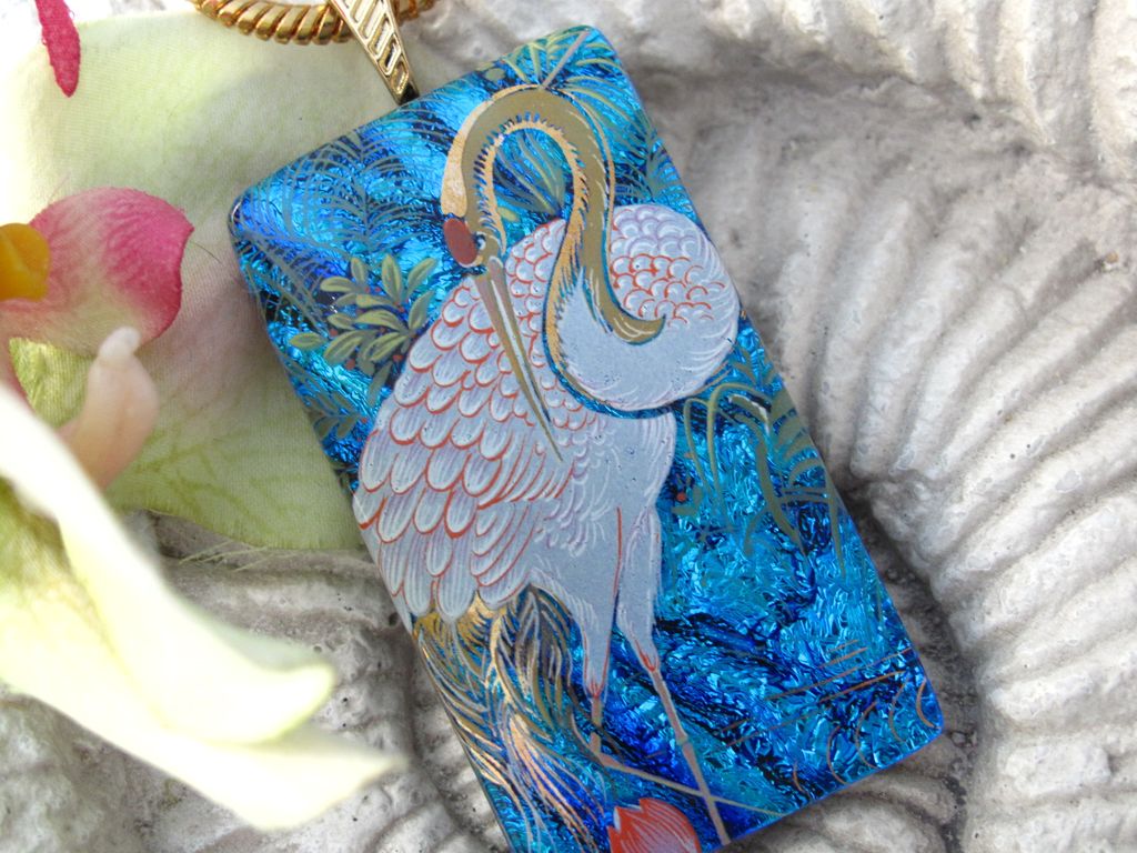 Crane Exotic Bird Dichroic Glass Necklace Jewelry Crane Exotic Bird Dichroic Glass Necklace Jewelry