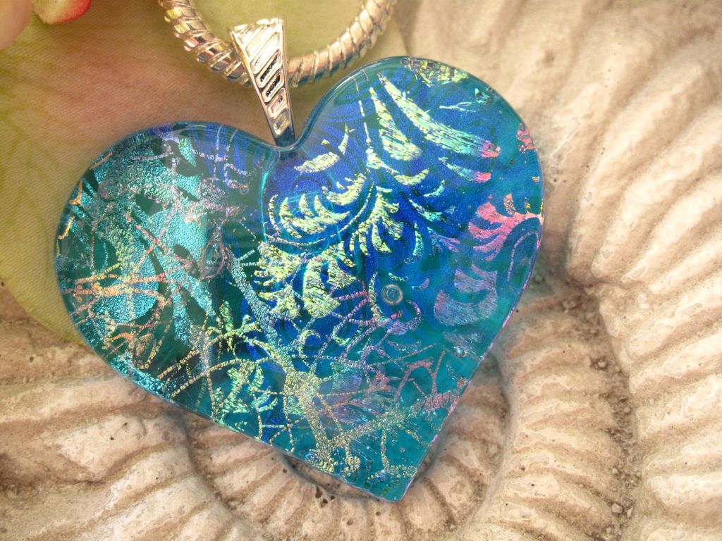 Aqua Blue Fused Dichroic Glass Heart Pendant Necklace - Dichroic Jewelry Aqua Blue Fused Dichroic Glass Heart Pendant Necklace - Dichroic Jewelry