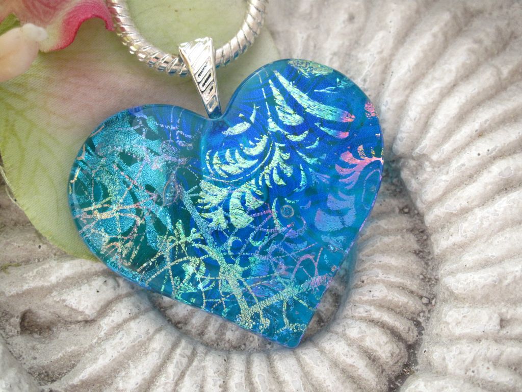 Aqua Blue Fused Dichroic Glass Heart Pendant Necklace - Dichroic Jewelry Aqua Blue Fused Dichroic Glass Heart Pendant Necklace - Dichroic Jewelry