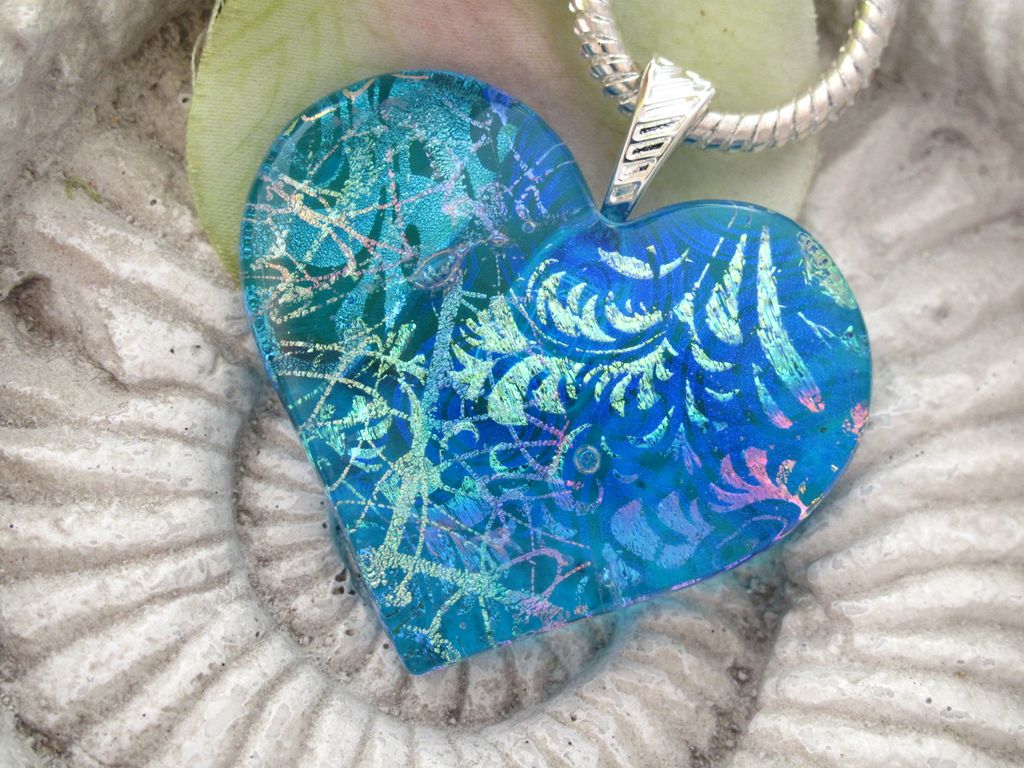 Aqua Blue Fused Dichroic Glass Heart Pendant Necklace - Dichroic Jewelry Aqua Blue Fused Dichroic Glass Heart Pendant Necklace - Dichroic Jewelry