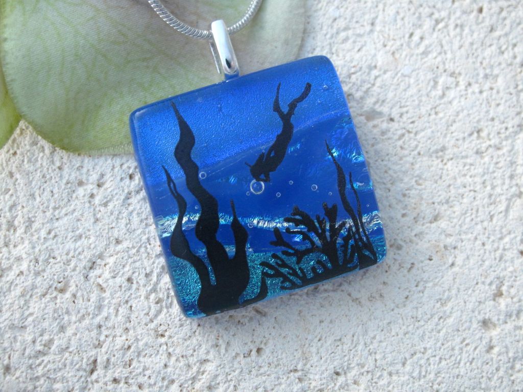 Diver Fused Dichroic Glass Pendant Necklace Diver Fused Dichroic Glass Pendant Necklace