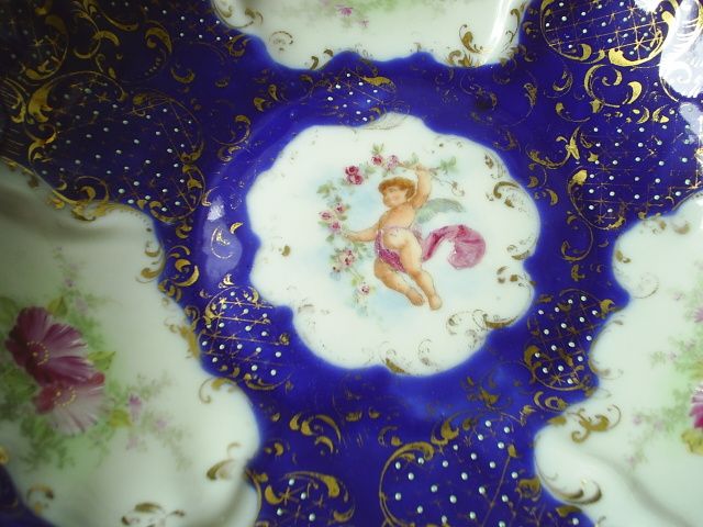 Cobalt Blue Bowl, Hd. Ptd Cherubs, Florals Cobalt Blue Bowl, Hd. Ptd Cherubs, Florals