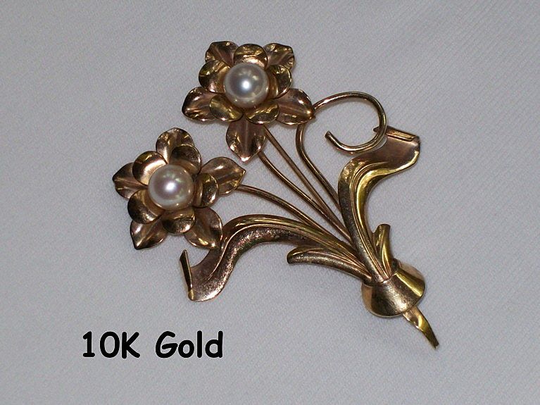 Vintage 10K Karat Gold and Pearl Floral Brooch Pin Signed JMS Vintage 10K Karat Gold and Pearl Floral Brooch Pin Signed JMS