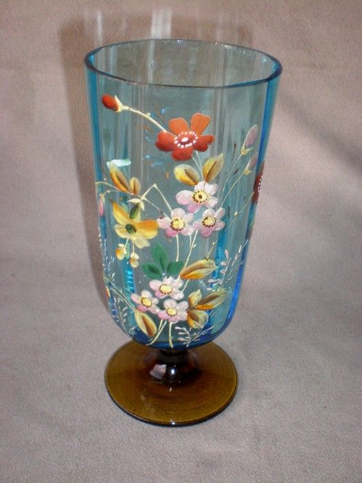 Matched Pair Bohemian Glass Tumblers with Enamel Flowers Matched Pair Bohemian Glass Tumblers with Enamel Flowers