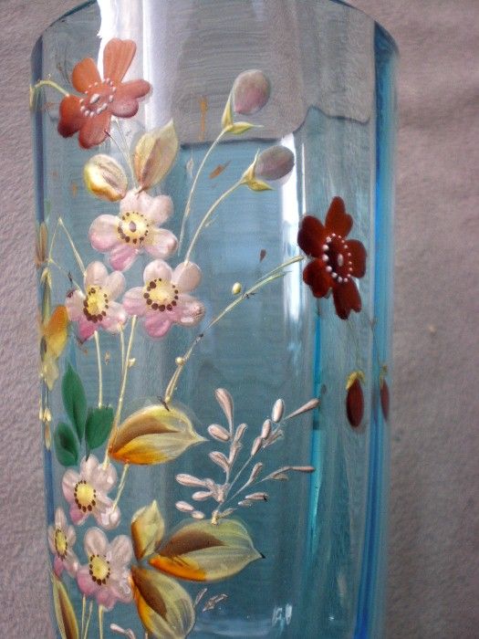 Matched Pair Bohemian Glass Tumblers with Enamel Flowers Matched Pair Bohemian Glass Tumblers with Enamel Flowers