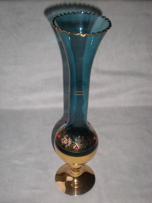 Tall Blue Bohemian Glass Vase with Gold Gilt and Red Stones Tall Blue Bohemian Glass Vase with Gold Gilt and Red Stones