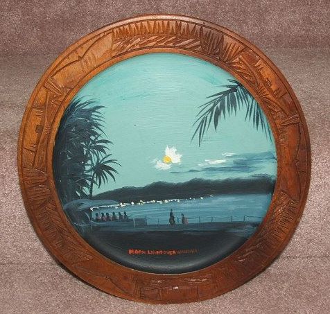 Hawaiian Hand Painted Wooden Plate / Moonlight Over Waikiki / Hawaii Hawaiian Hand Painted Wooden Plate / Moonlight Over Waikiki / Hawaii