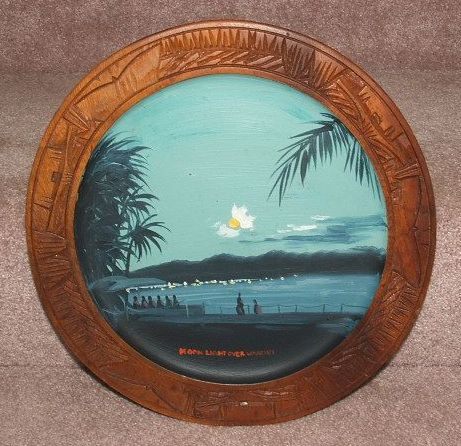 Hawaiian Hand Painted Wooden Plate / Moonlight Over Waikiki / Hawaii Hawaiian Hand Painted Wooden Plate / Moonlight Over Waikiki / Hawaii