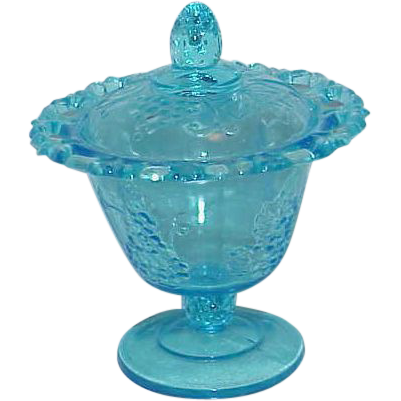 Aqua Blue Depression Glass Grape Design Lidded Pedestal Candy Bowl Aqua Blue Depression Glass Grape Design Lidded Pedestal Candy Bowl