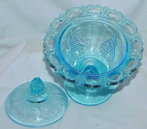 Aqua Blue Depression Glass Grape Design Lidded Pedestal Candy Bowl Aqua Blue Depression Glass Grape Design Lidded Pedestal Candy Bowl