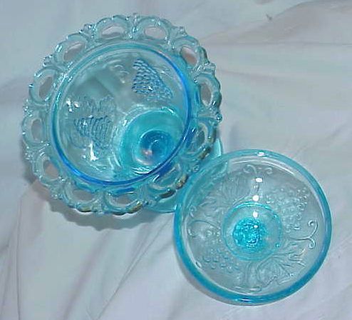 Aqua Blue Depression Glass Grape Design Lidded Pedestal Candy Bowl Aqua Blue Depression Glass Grape Design Lidded Pedestal Candy Bowl