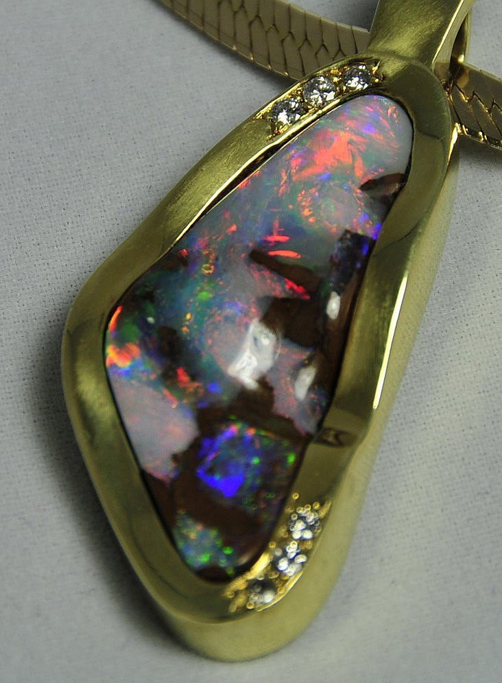 SALE! STUNNINGLY IRIDESCENT! 18K Yellow Gold Free Form Bolder Opal & Diamond Enhancer Pendent SALE! STUNNINGLY IRIDESCENT! 18K Yellow Gold Free Form Bolder Opal & Diamond Enhancer Pendent