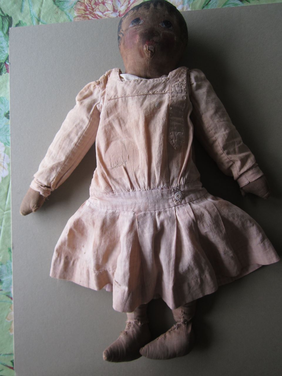 Antique 1800 S Early Hand Sewn Oil Cloth Doll Painted Face Original Clothes Ebay