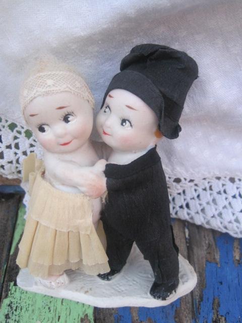 Kewpie Wedding cake topper Bride and Groom with clothes
