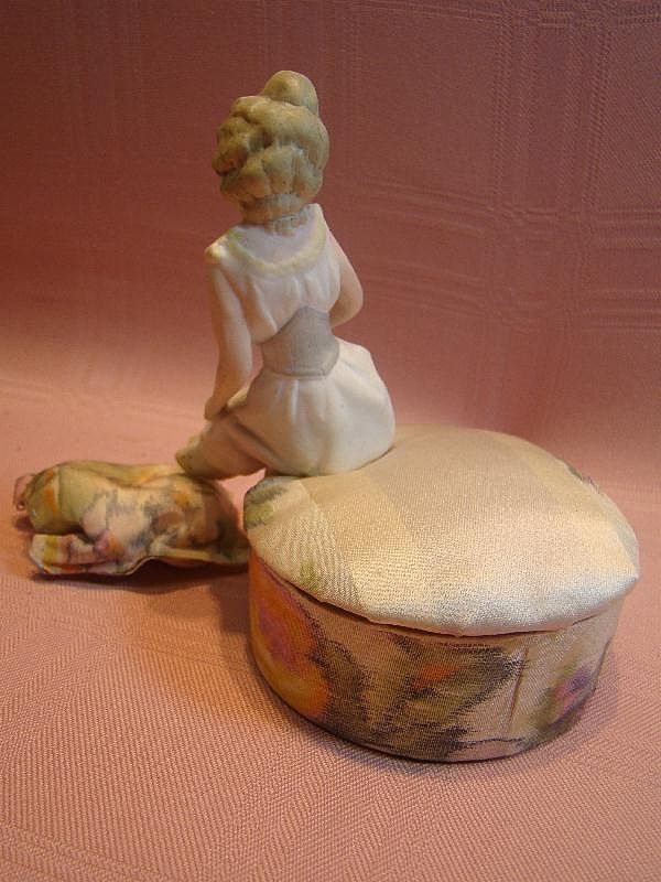 Beautiful Antique Bisque Lady Attached to a Silk Covered Bon-Bon Box Beautiful Antique Bisque Lady Attached to a Silk Covered Bon-Bon Box