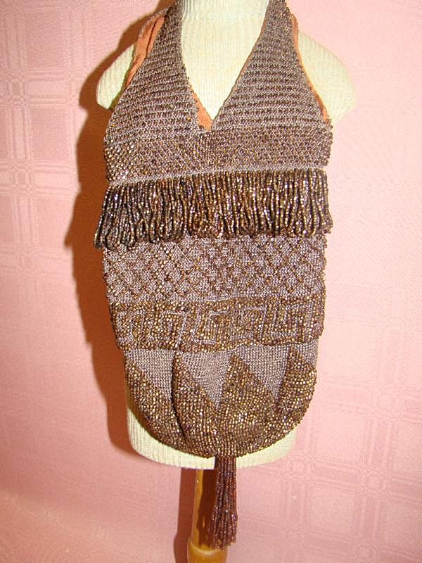 Chic Vintage Bronze Glass Beaded Purse, 1920's, Excellent Condition Chic Vintage Bronze Glass Beaded Purse, 1920's, Excellent Condition