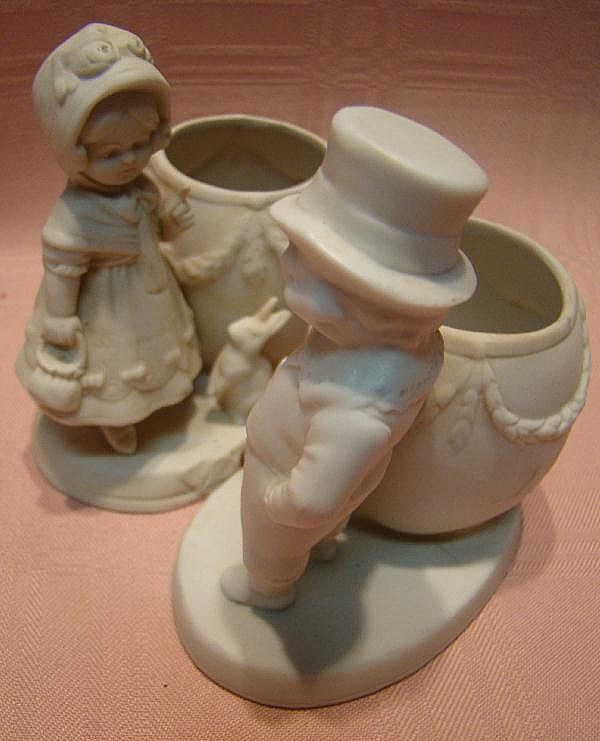 Pair of Cute Porcelain White Unglazed Bisque Figurines with Bunny Rabbits Pair of Cute Porcelain White Unglazed Bisque Figurines with Bunny Rabbits