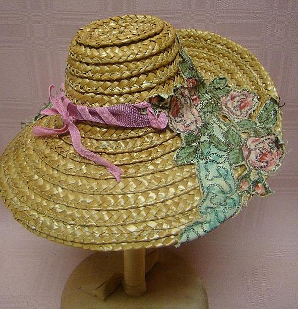 Vintage and Very Unique Doll's Straw Hat with Floral Applique' Vintage and Very Unique Doll's Straw Hat with Floral Applique'