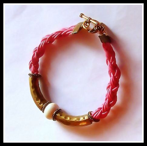 Pink Leather "Little Surfer Girl" Bracelet with White & Bronze Embellishments Pink Leather "Little Surfer Girl" Bracelet with White & Bronze Embellishments