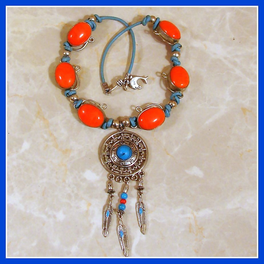 Sterling Silver, Orange Stone, Turquoise Blue Leather Necklace Sterling Silver, Orange Stone, Turquoise Blue Leather Necklace