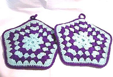 Pair Crocheted Purple and Aqua Potholders Pair Crocheted Purple and Aqua Potholders