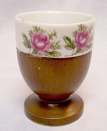 Rose Decorated Porcelain and Wood Egg Cup Rose Decorated Porcelain and Wood Egg Cup