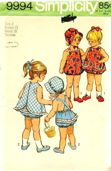 Simplicity 9994 Toddler Playsuit, Pinafore, Bonnet 1970's Sz 2 Simplicity 9994 Toddler Playsuit, Pinafore, Bonnet 1970's Sz 2