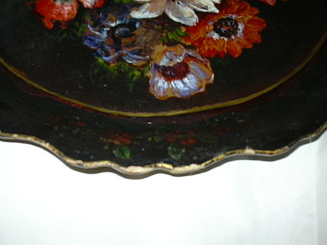 19th C Papier Mache Platter Hand Painted Flowers Painting Rare Decorative Art 19th C Papier Mache Platter Hand Painted Flowers Painting Rare Decorative Art