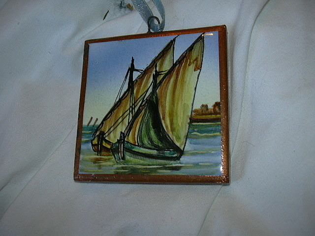 Spanish Art Tile Hand Painted Sailboats Ships Nautical Miniature Spanish Art Tile Hand Painted Sailboats Ships Nautical Miniature