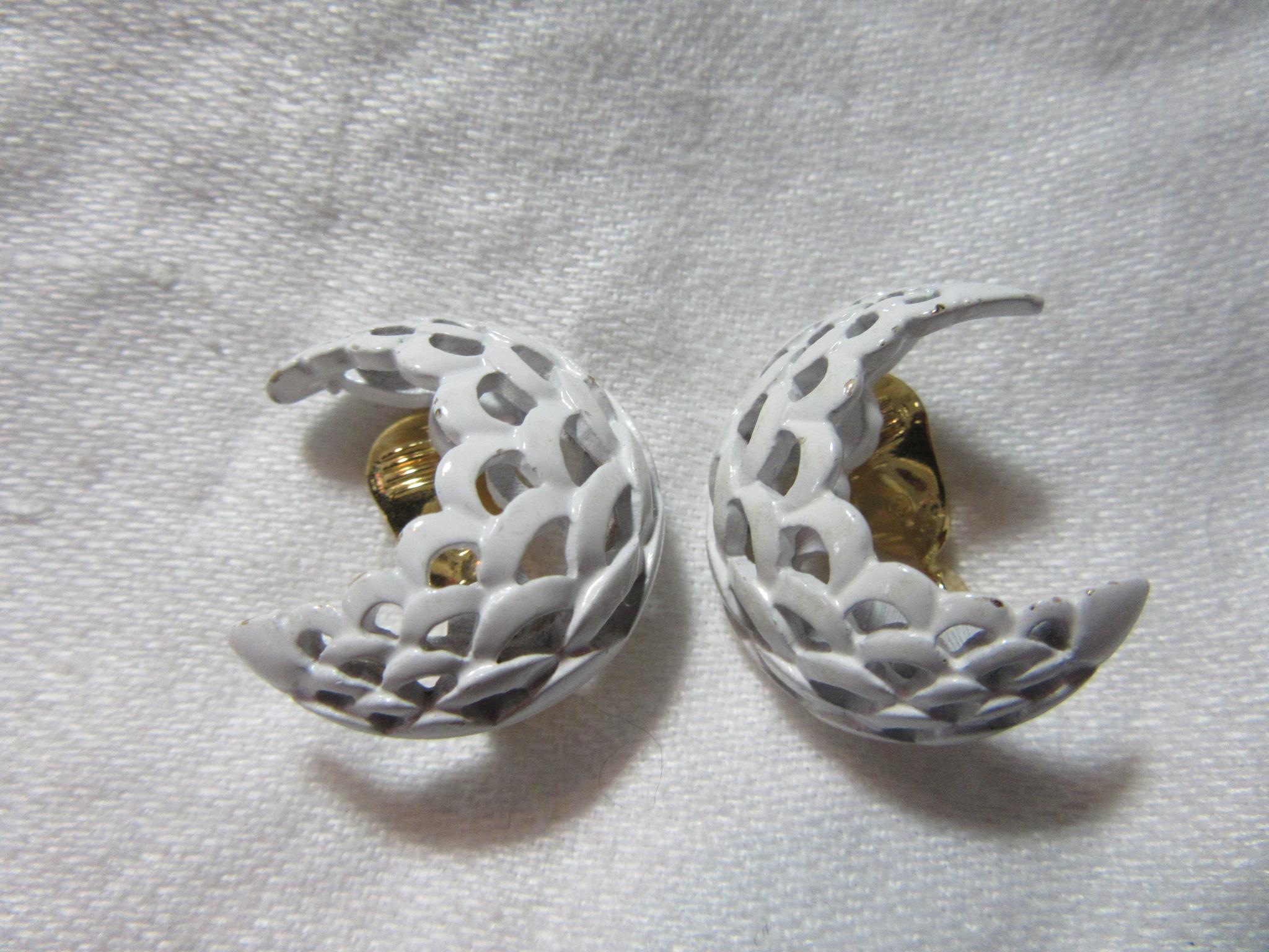 Monet White Enamel Half Moon Crescent PIn Earring Set Demi Parure Monet White Enamel Half Moon Crescent PIn Earring Set Demi Parure