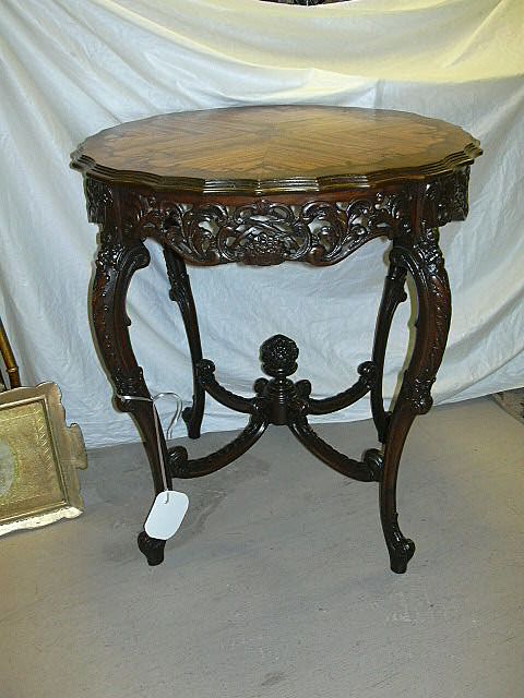 French Center Table Floral Inlay Top Carved Legs & Finial French Center Table Floral Inlay Top Carved Legs & Finial
