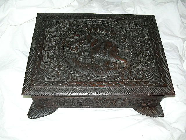 Antique English India Influence Carved Wood Box Antique English India Influence Carved Wood Box