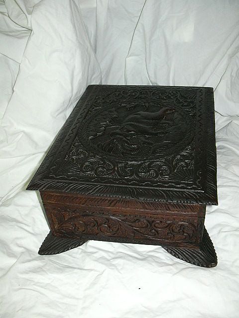 Antique English India Influence Carved Wood Box Antique English India Influence Carved Wood Box