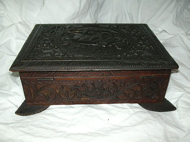 Antique English India Influence Carved Wood Box Antique English India Influence Carved Wood Box