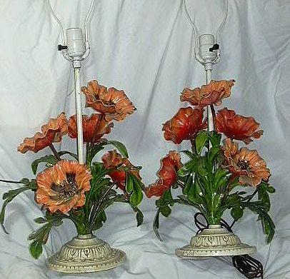 Pair Red Poppy Tole Painted Flower Lamps Pair Red Poppy Tole Painted Flower Lamps
