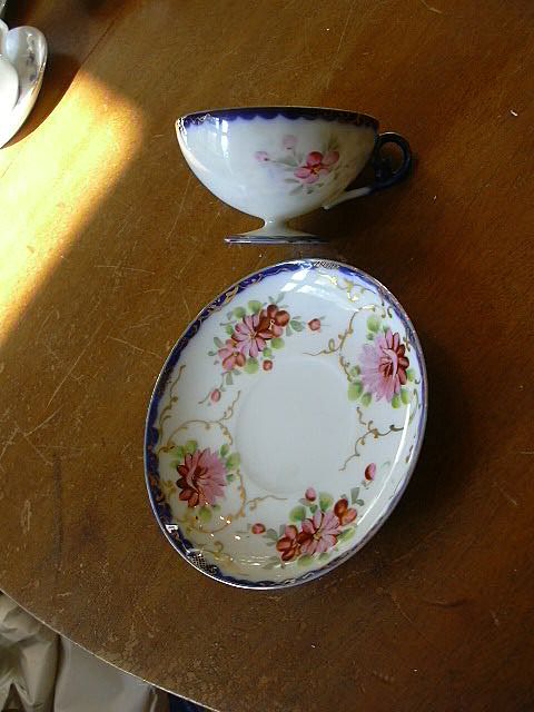 Old Porcelain Footed Cup & Saucer Pink Flowers & Cobalt Fine Tea Dining Old Porcelain Footed Cup & Saucer Pink Flowers & Cobalt Fine Tea Dining