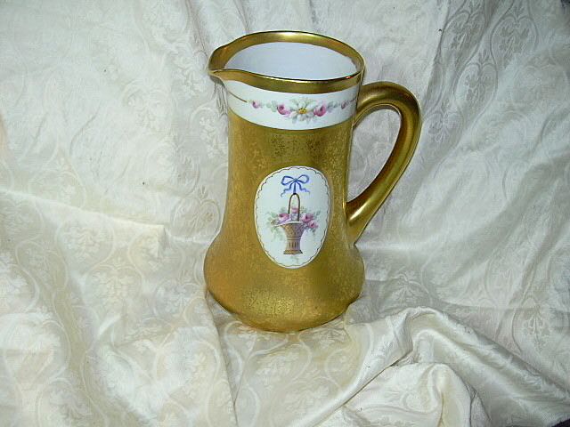 Pickard Artist Signed Gold Pitcher Hand Painted Flower Basket Pickard Artist Signed Gold Pitcher Hand Painted Flower Basket
