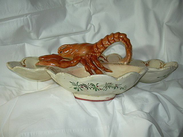 Huge Lobster Four Section Bowl Hand Painted Flowers Signed Huge Lobster Four Section Bowl Hand Painted Flowers Signed