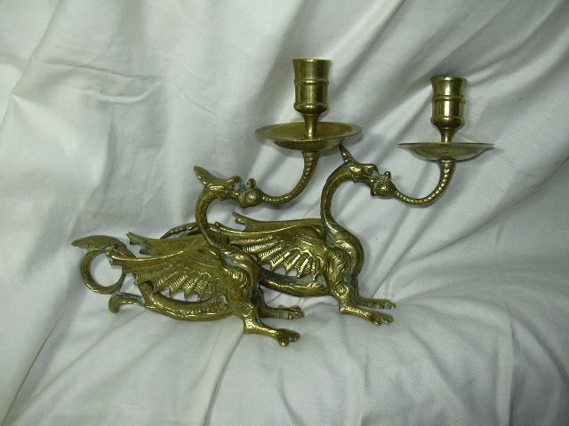 Pair Old Brass English Winged Beasts Dragon Candleholders Pair Old Brass English Winged Beasts Dragon Candleholders
