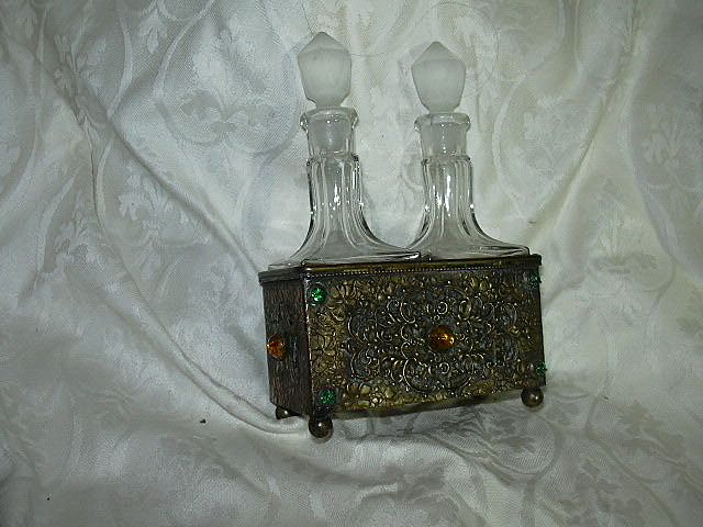 Gold Gilt Faux Jeweled Dresser Set Perfume Bottles In Stand Gold Gilt Faux Jeweled Dresser Set Perfume Bottles In Stand