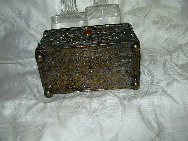 Gold Gilt Faux Jeweled Dresser Set Perfume Bottles In Stand Gold Gilt Faux Jeweled Dresser Set Perfume Bottles In Stand