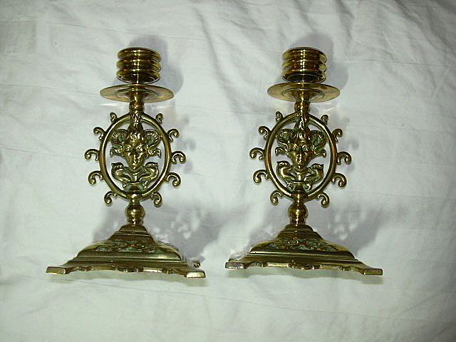 Antique Brass Candlestick Pair Satyr Faces Signed Metalwork Antique Brass Candlestick Pair Satyr Faces Signed Metalwork