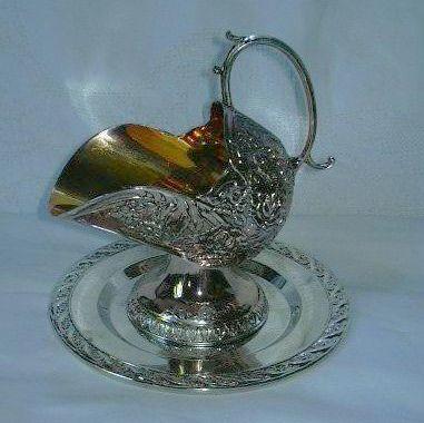 Silver Plate Footed Sugar Scoop Set With Under Plate Silver Plate Footed Sugar Scoop Set With Under Plate