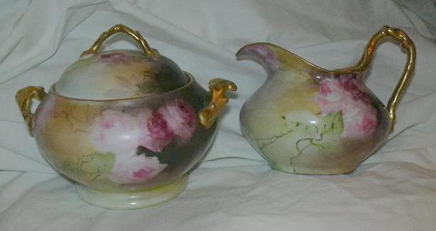 Hand Painted Porcelain Cream & Sugar Signed Dated Fine Ceramic Dining Art Hand Painted Porcelain Cream & Sugar Signed Dated Fine Ceramic Dining Art
