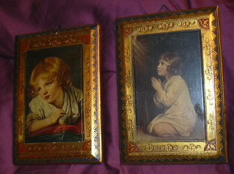 Italian Florentine Pair Plaques Praying Infant Samuel Child Vintage Art Italian Florentine Pair Plaques Praying Infant Samuel Child Vintage Art